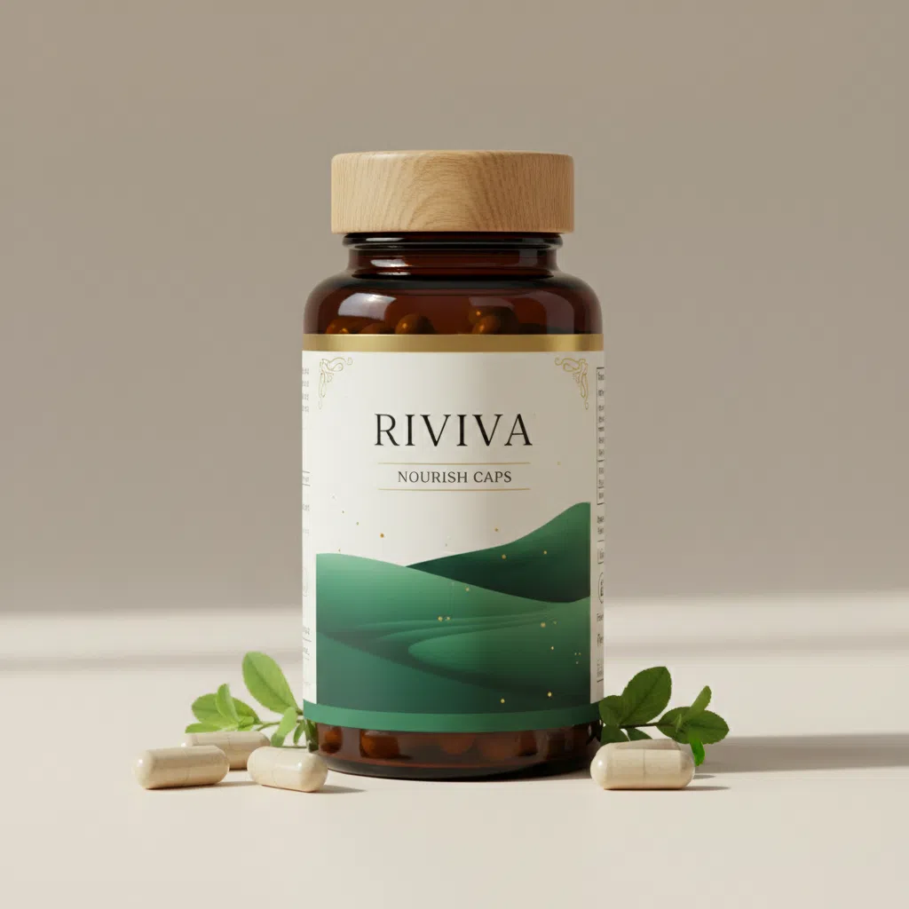 Riviva Nourish Caps -purkki, valkoinen apteekkipullo sinisellä etiketillä ja ainesosia vieressä